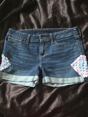 jcpenney Dark Blue Denim Rolled Hem Shorts with Pastel Crochet Accents